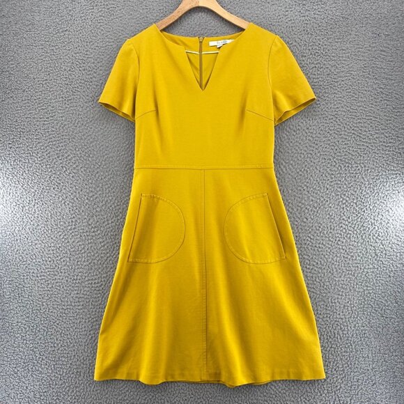 Boden Dress Womens 8R Yellow Fit & Flare Short Sleeve Ponte Knit Notch Neck Mini - Picture 1 of 12